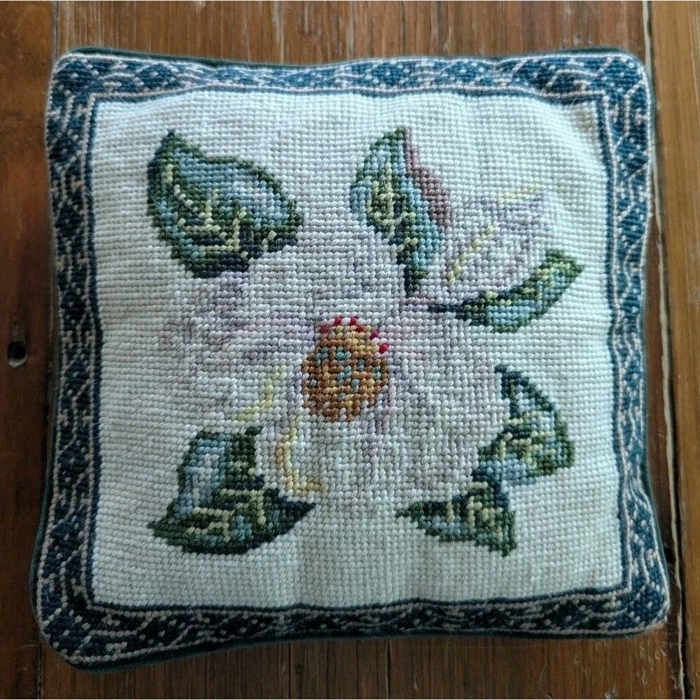 Vintage Needlepoint Accent Pillow Small Magnolia Flower Velvet Back 9